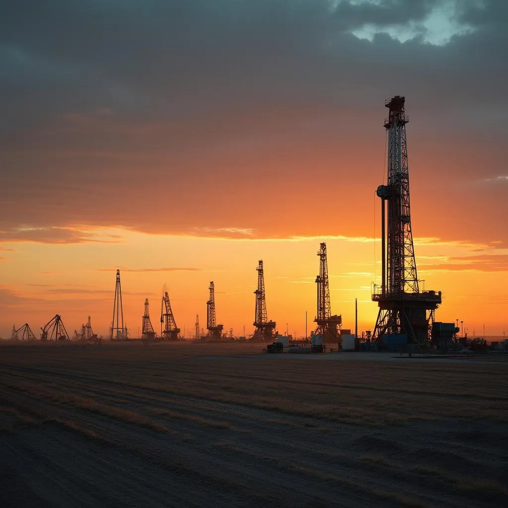 Vista panorámica de un yacimiento petrolífero argentino al amanecer