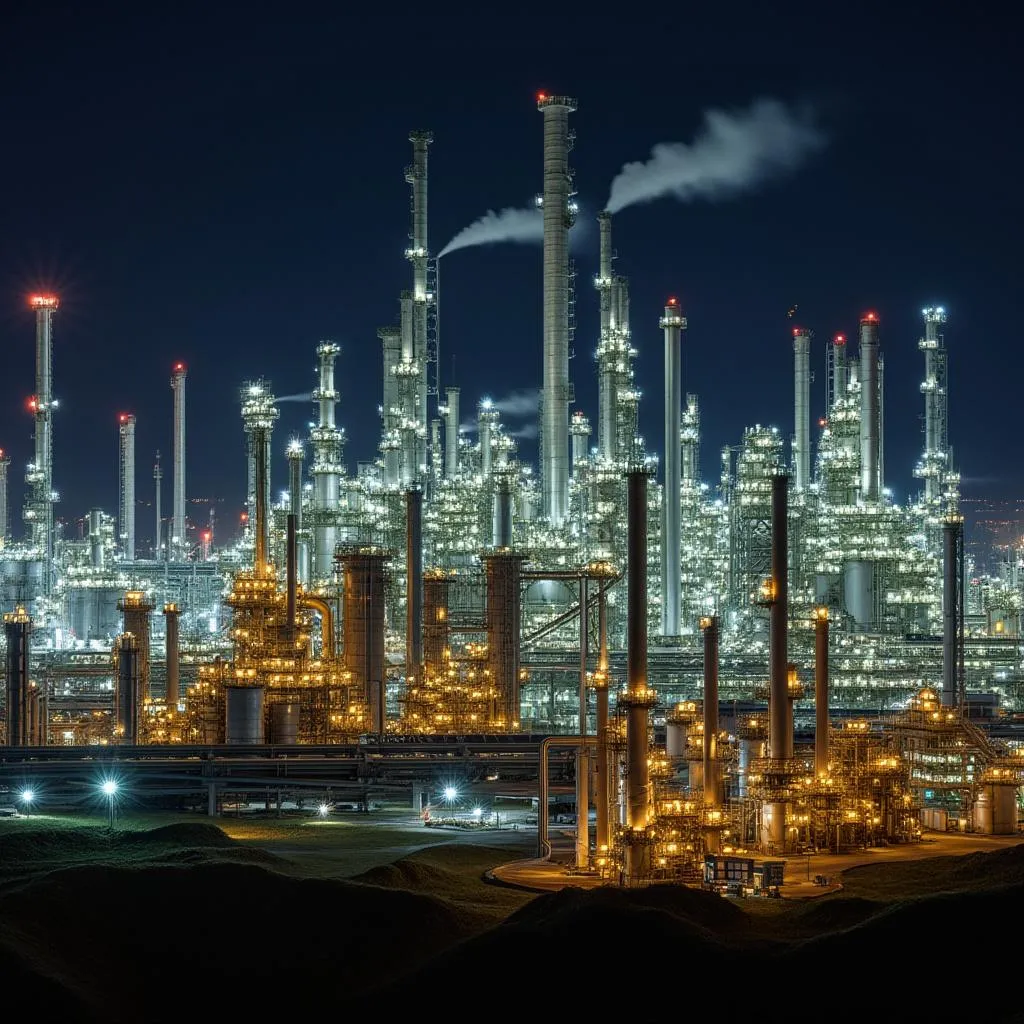 Refinería de petróleo iluminada por la noche